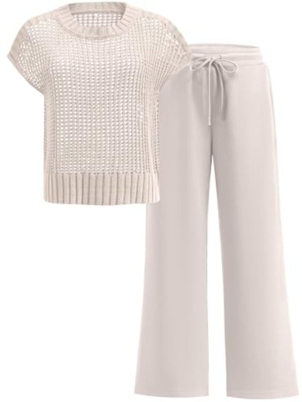 Women's Two Piece Lounge Set Crochet Knit Sweater Wide Leg Pants Matching Outfit